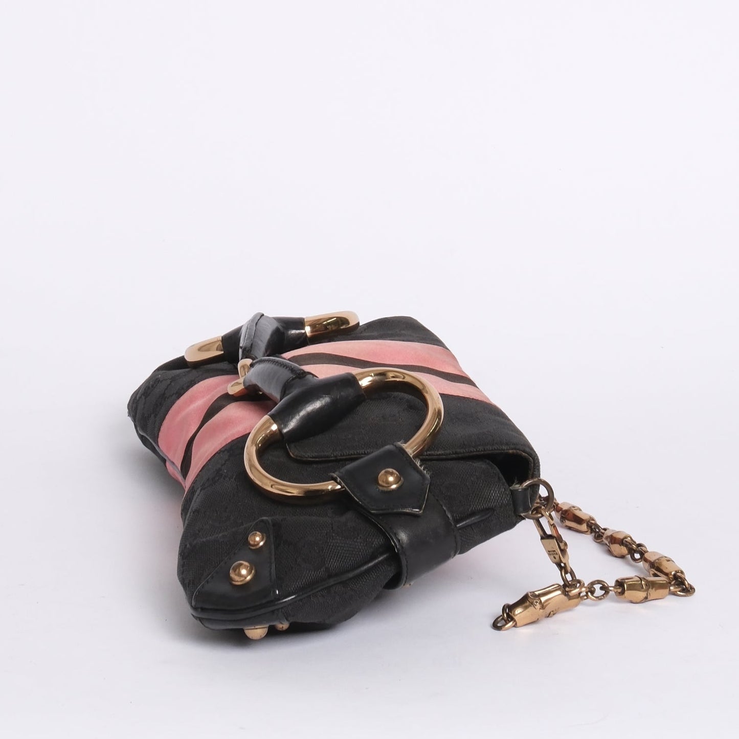 Gucci Pink Web Striped Large Horsebit Clutch