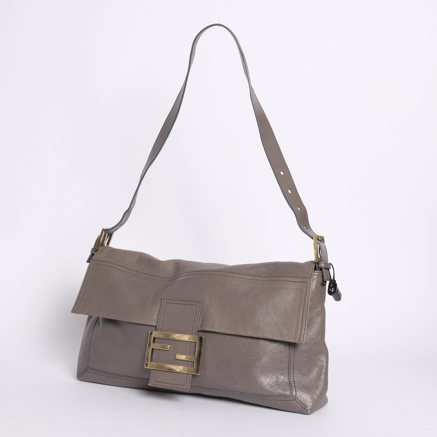 Fendi Grey Leather Maxi Baguette Flap Shoulder Bag