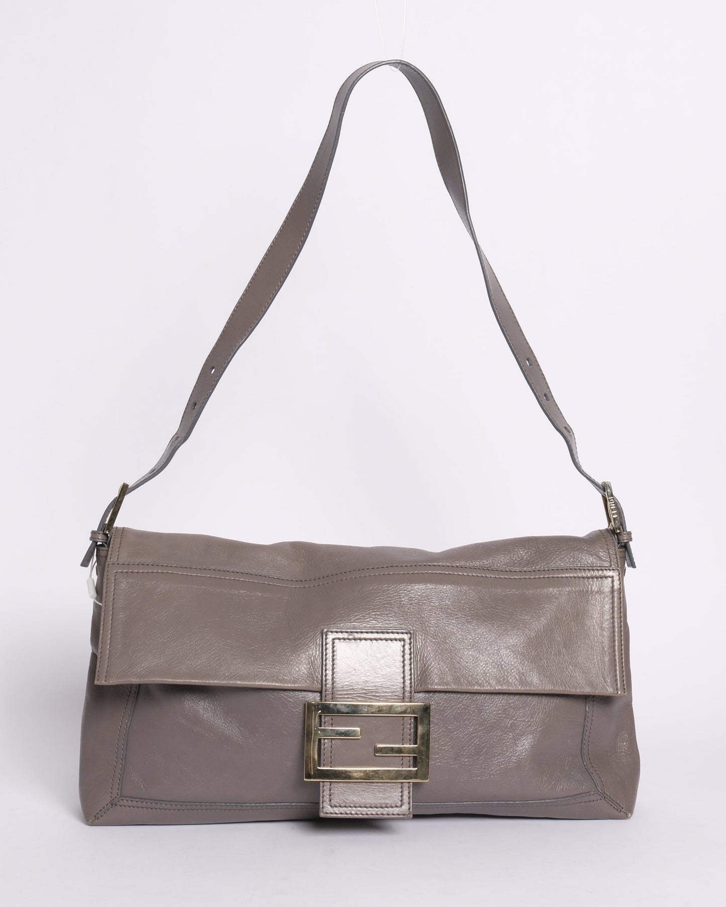 Fendi Grey Leather Maxi Baguette Flap Shoulder Bag