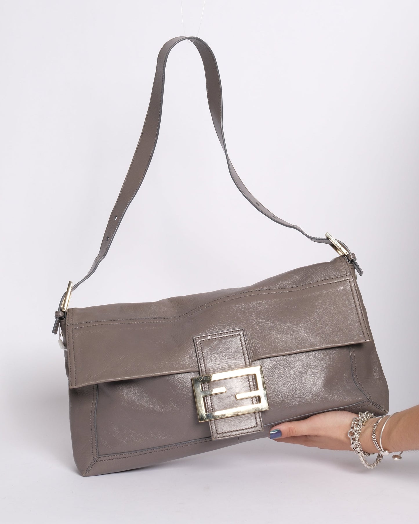Fendi Grey Leather Maxi Baguette Flap Shoulder Bag