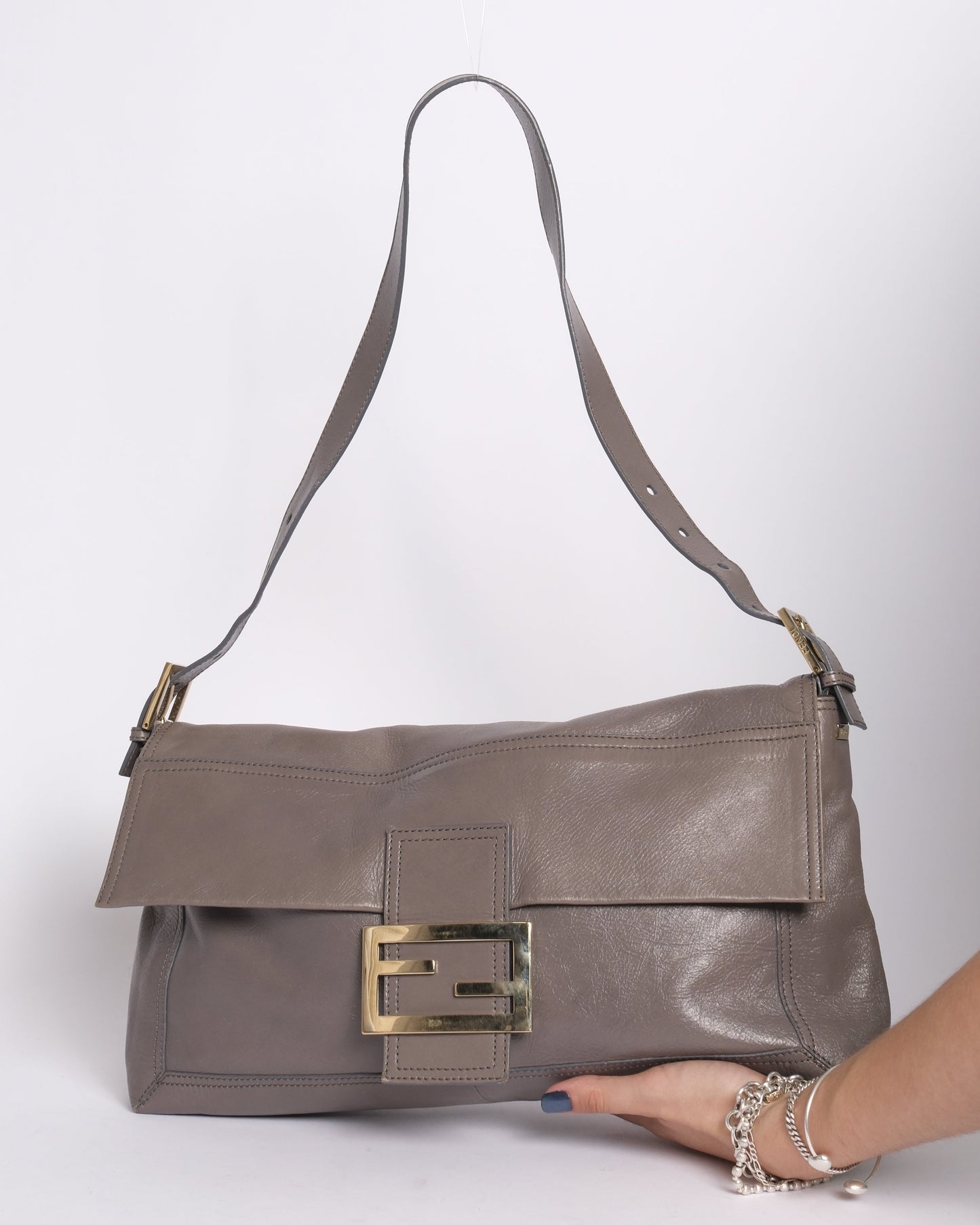 Fendi Grey Leather Maxi Baguette Flap Shoulder Bag