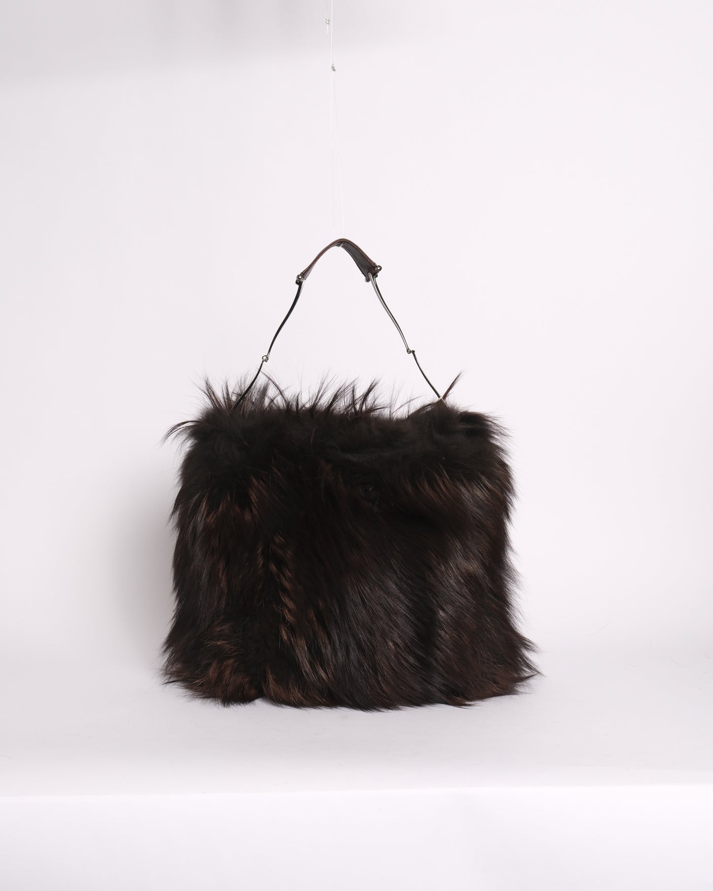 RARE Gucci Tom Ford Era 1997 Brown Fox Fur Horsebit Handle Shoulder Bag