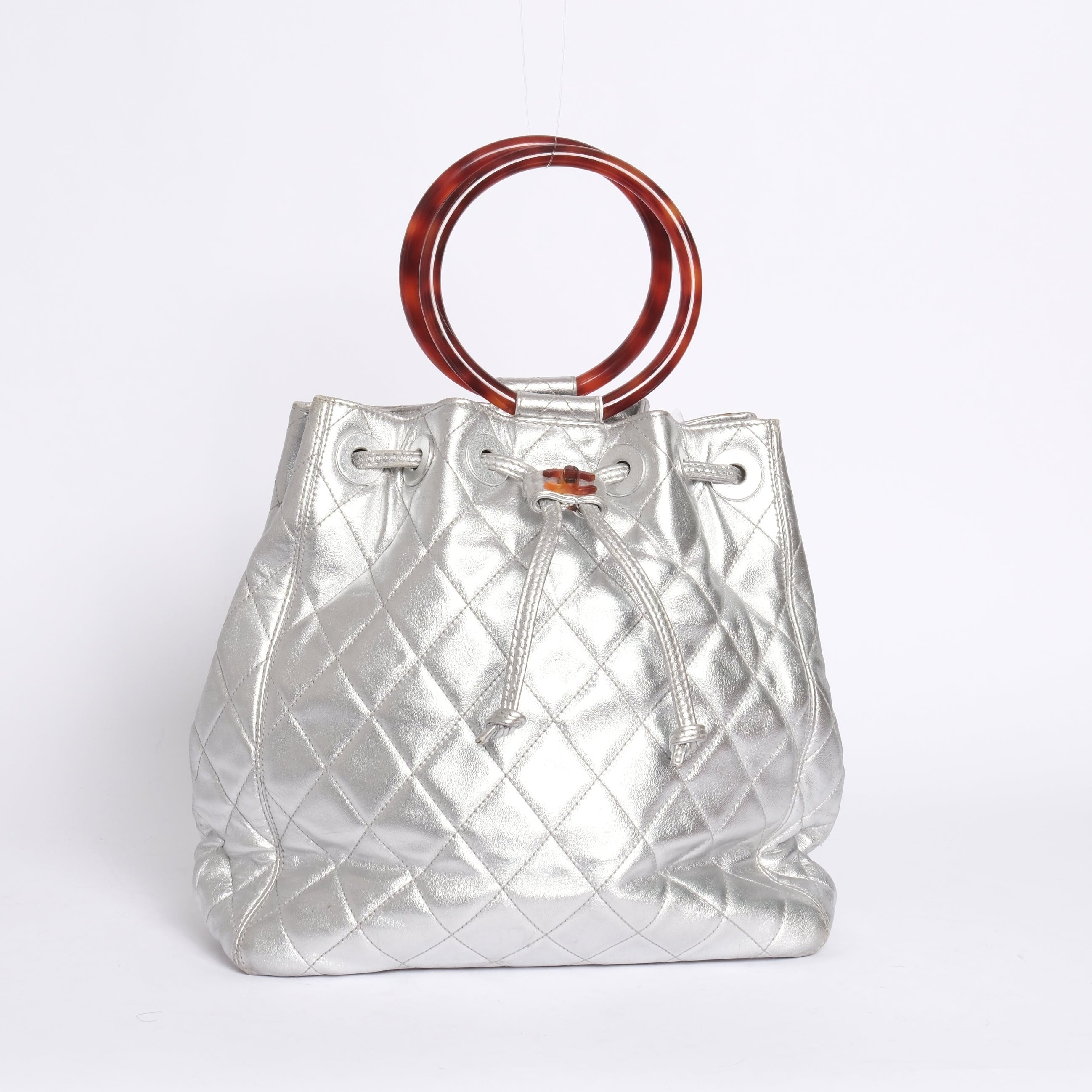 Chanel Metallic Silver Lambskin Quilted Drawstring Satchel