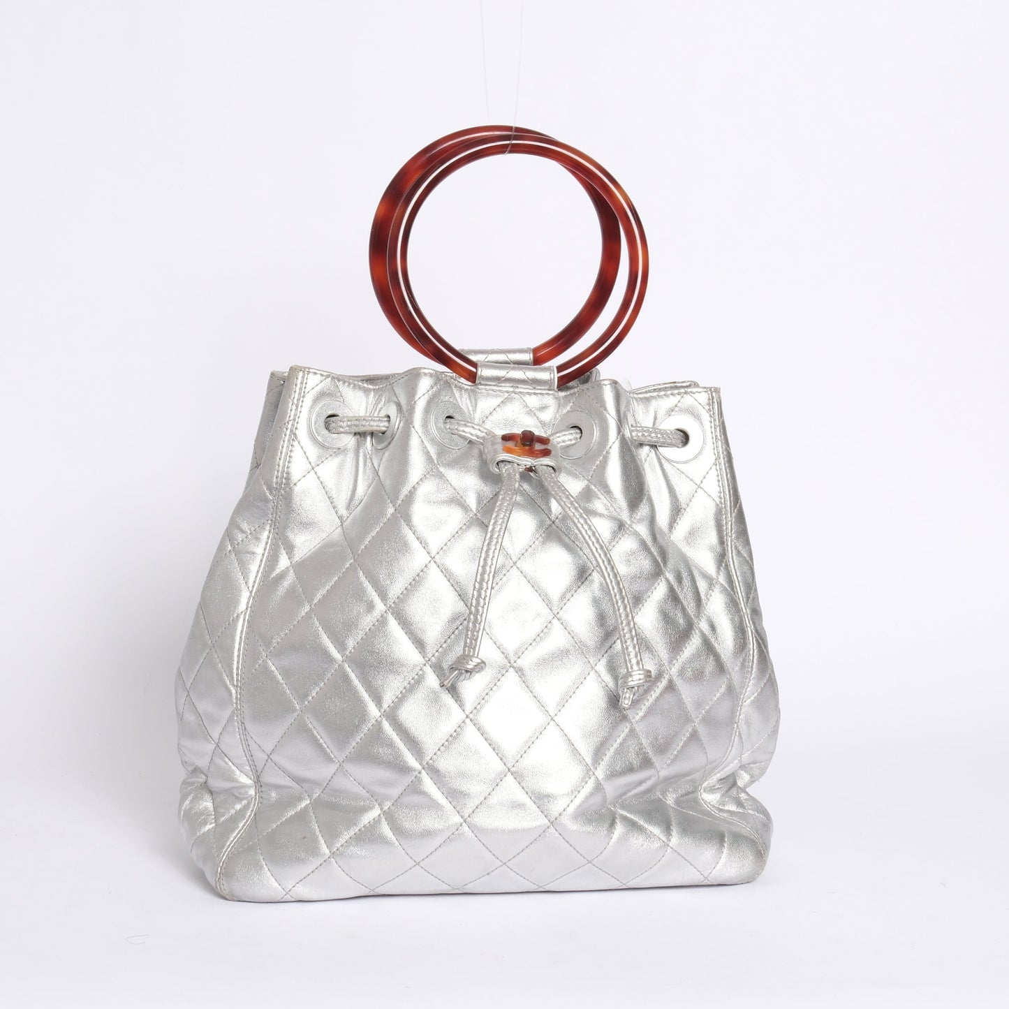 Chanel Metallic Silver Lambskin Quilted Drawstring Satchel Tortoiseshell Loop Handle