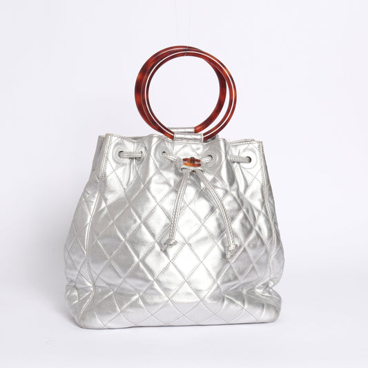 Chanel Metallic Silver Lambskin Quilted Drawstring Satchel Tortoiseshell Loop Handle