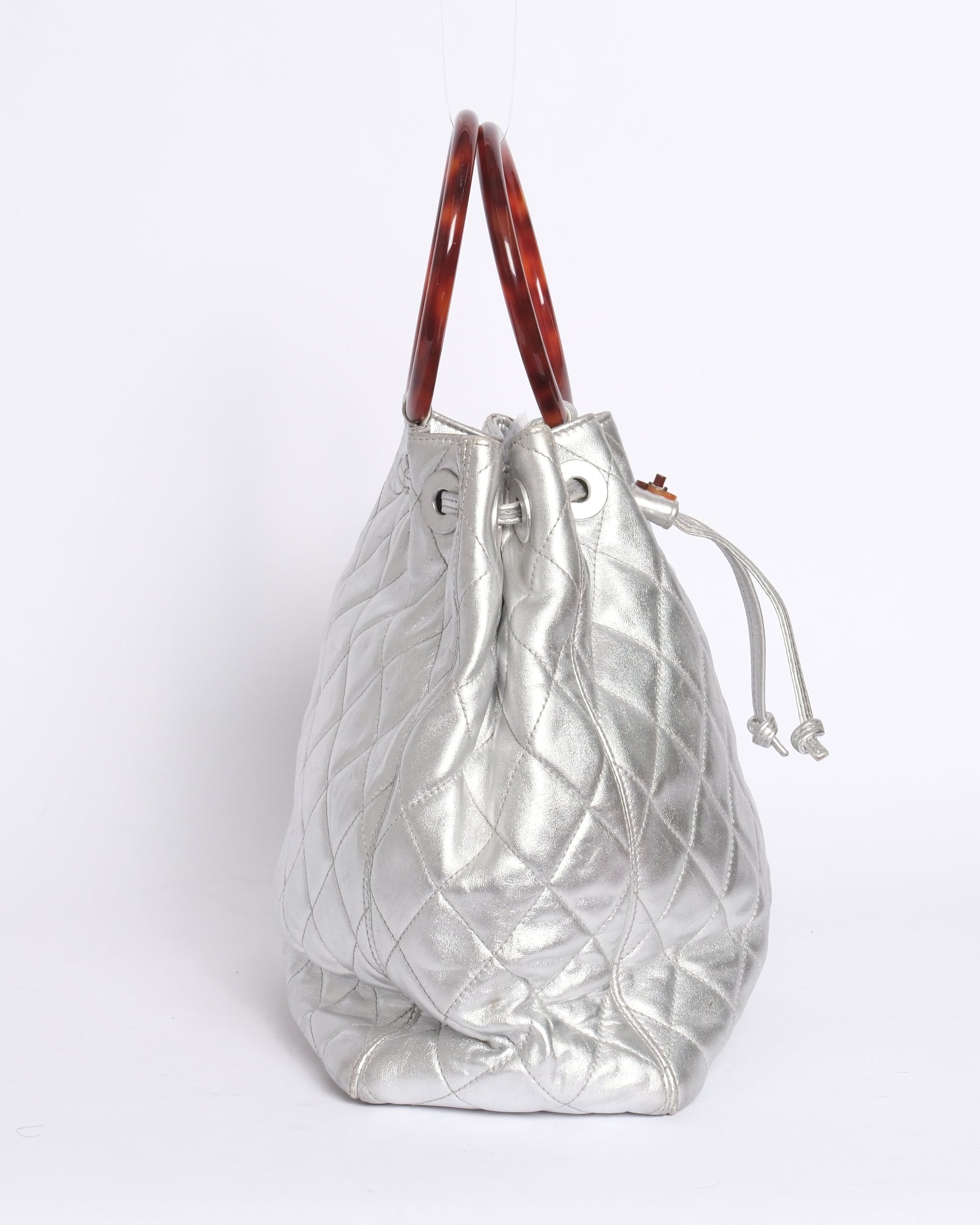 Chanel Metallic Silver Lambskin Quilted Drawstring Satchel