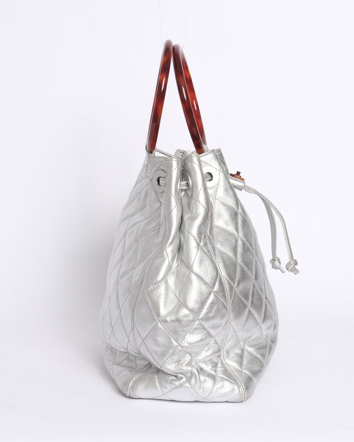 Chanel Metallic Silver Lambskin Quilted Drawstring Satchel Tortoiseshell Loop Handle