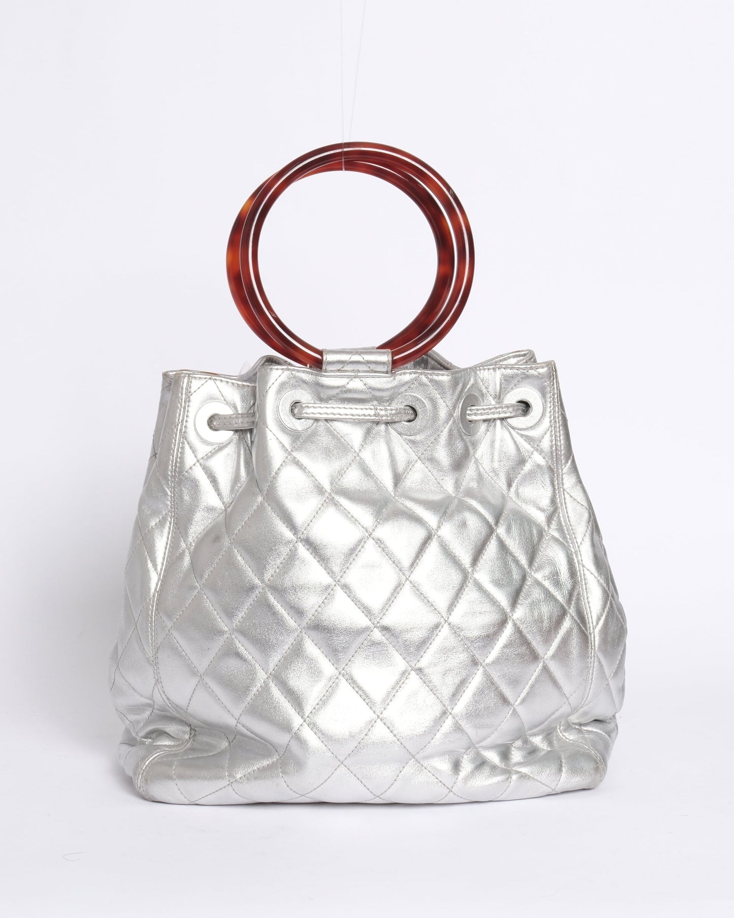 Chanel Metallic Silver Lambskin Quilted Drawstring Satchel Tortoiseshell Loop Handle