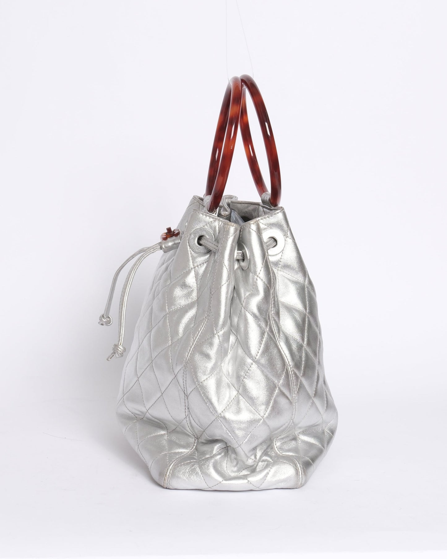 Chanel Metallic Silver Lambskin Quilted Drawstring Satchel Tortoiseshell Loop Handle