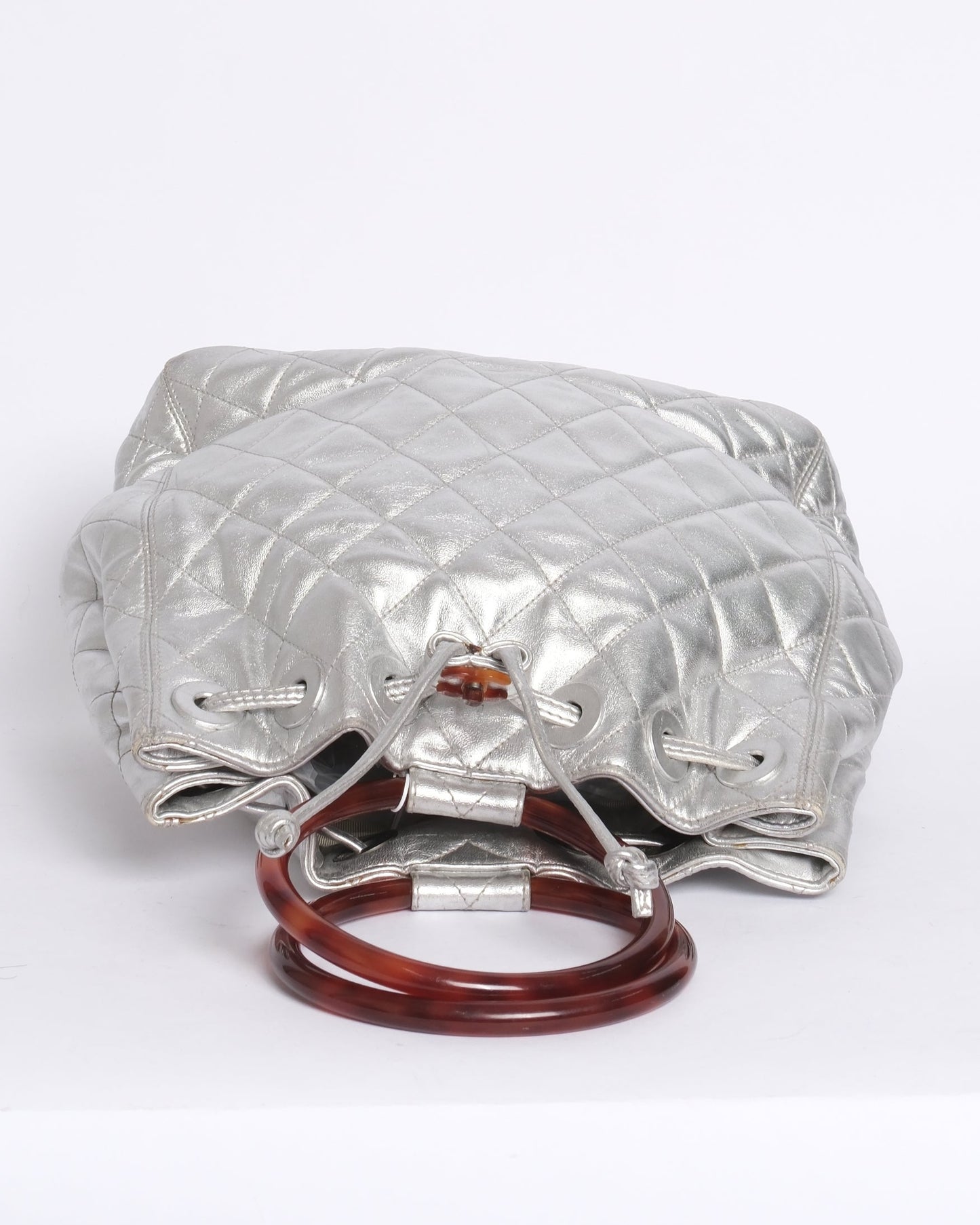 Chanel Metallic Silver Lambskin Quilted Drawstring Satchel Tortoiseshell Loop Handle