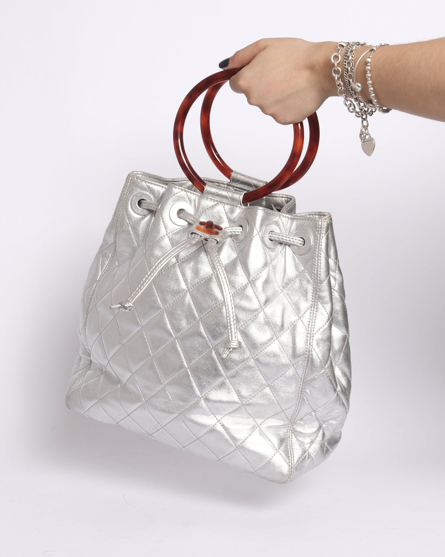 Chanel Metallic Silver Lambskin Quilted Drawstring Satchel Tortoiseshell Loop Handle
