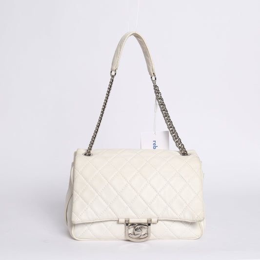 Chanel White Lambskin Leather Quilted Secret Label Chain Flap