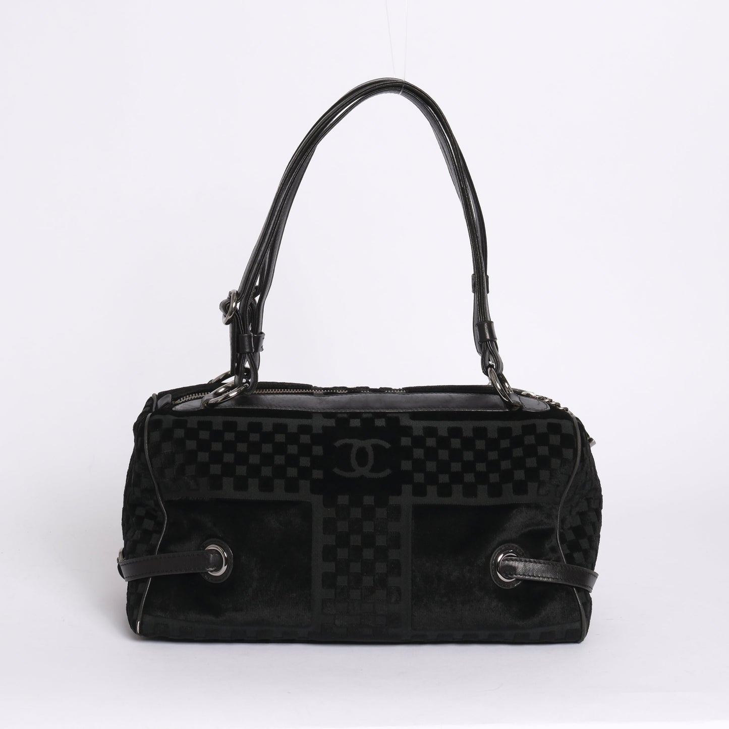 Chanel Black Velour Checkered Embossed Side Belt Boston Bag