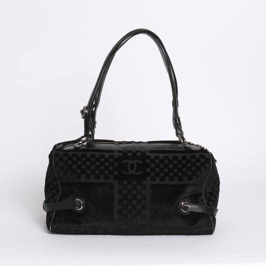 Chanel Black Velour Checkered Embossed Side Belt Boston Bag