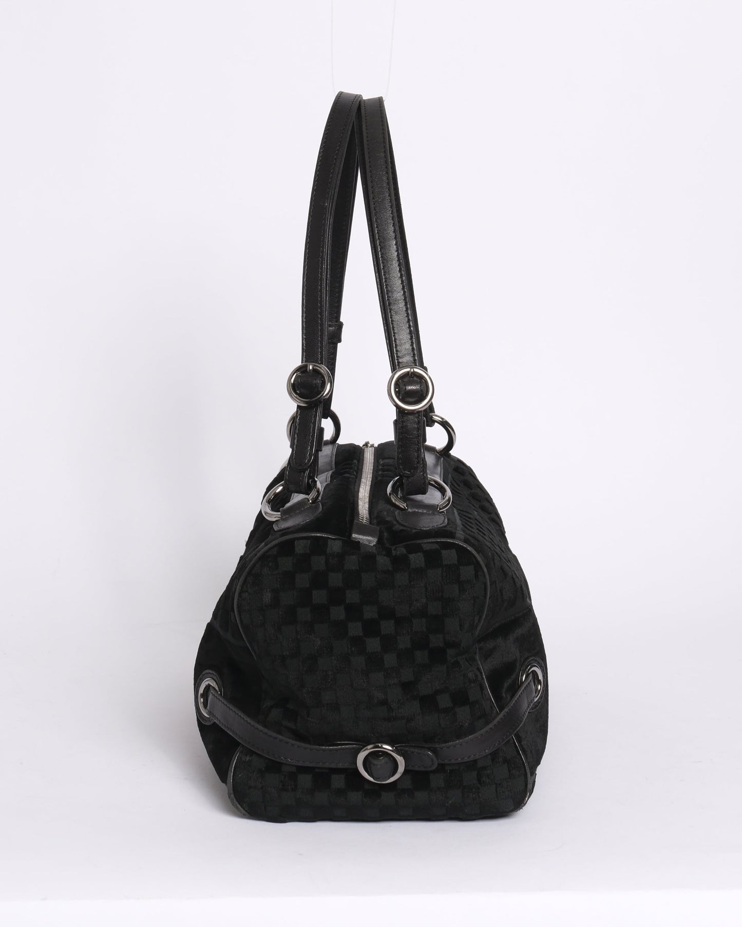 Chanel Black Velour Checkered Embossed Side Belt Boston Bag