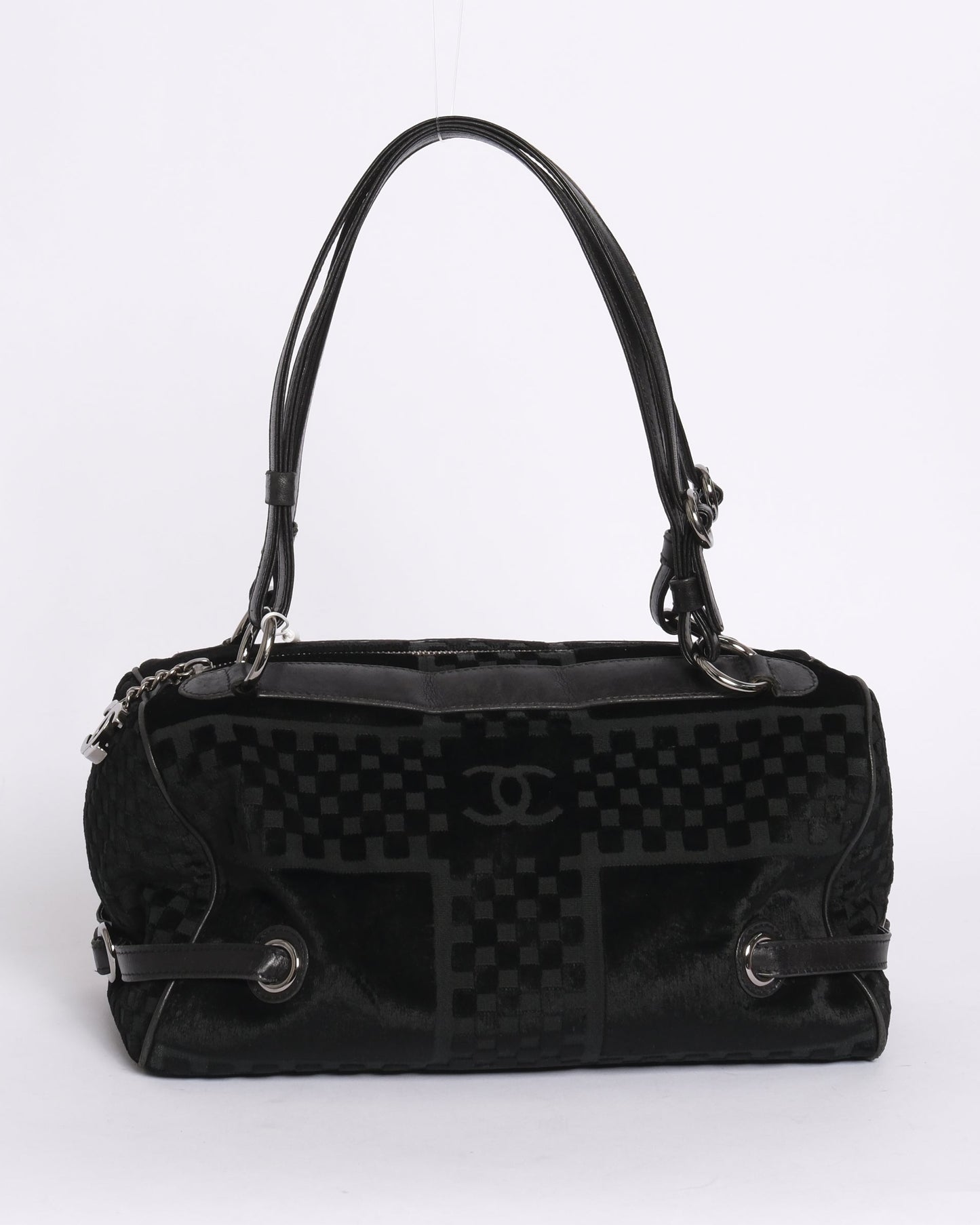Chanel Black Velour Checkered Embossed Side Belt Boston Bag