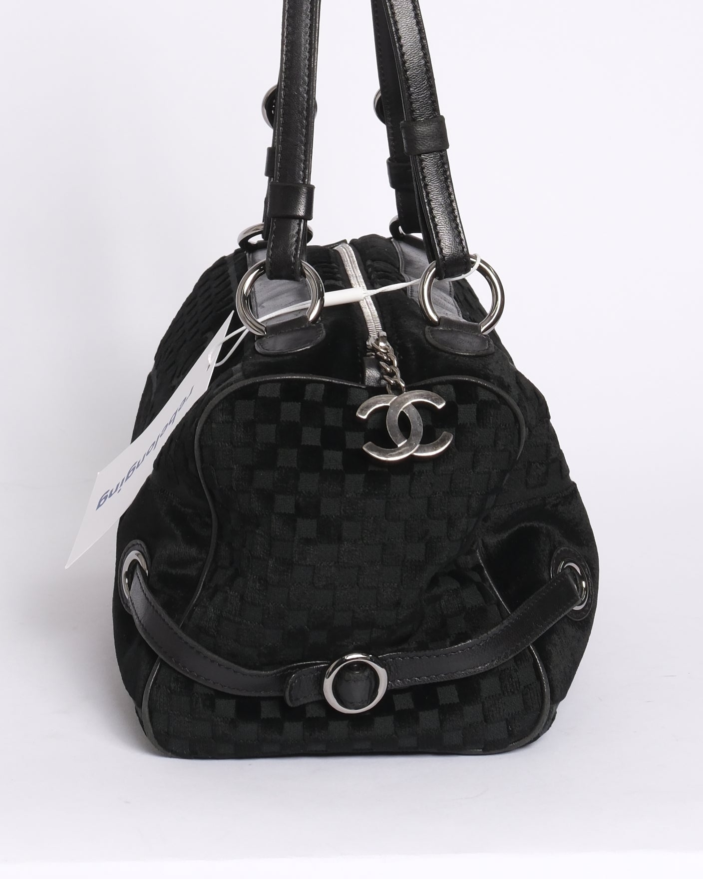 Chanel Black Velour Checkered Embossed Side Belt Boston Bag