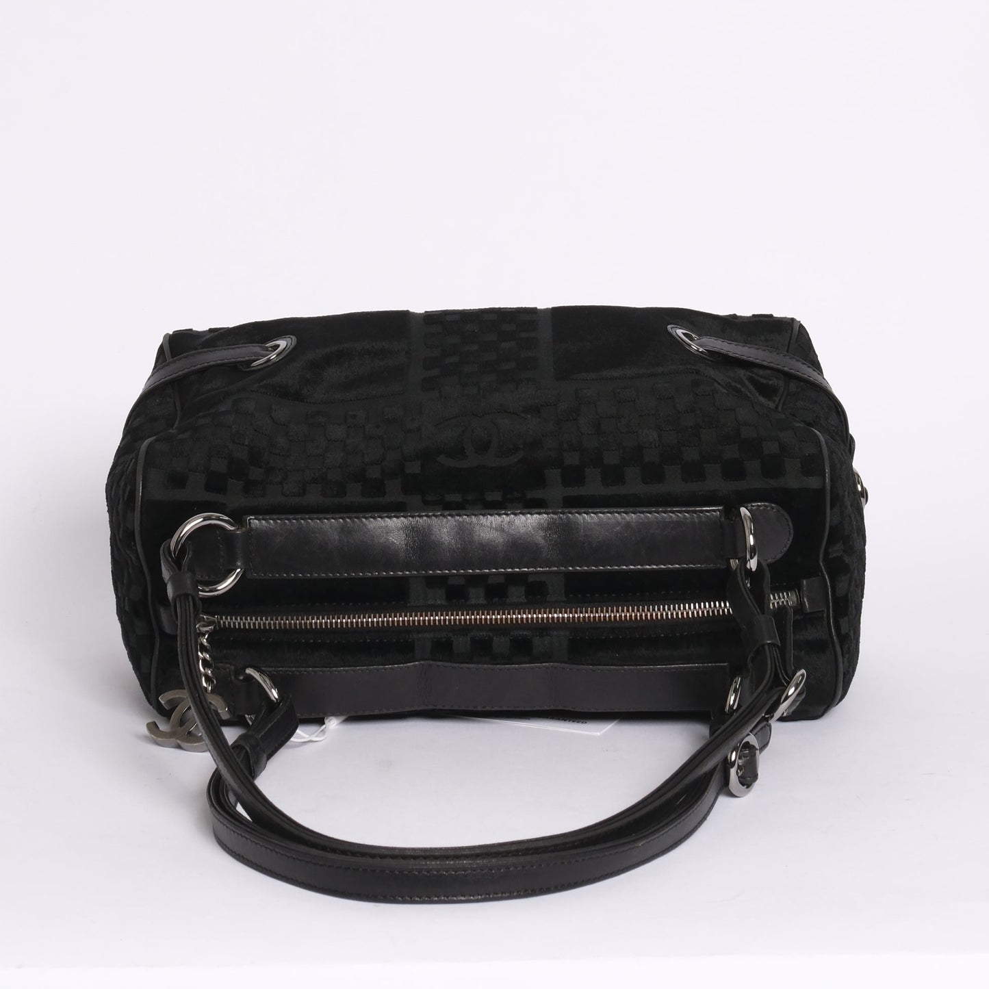 Chanel Black Velour Checkered Embossed Side Belt Boston Bag