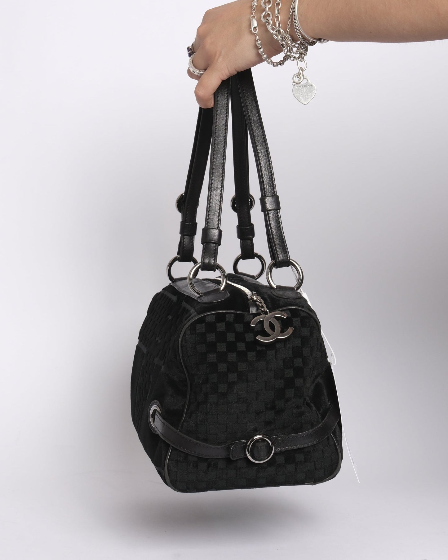 Chanel Black Velour Checkered Embossed Side Belt Boston Bag