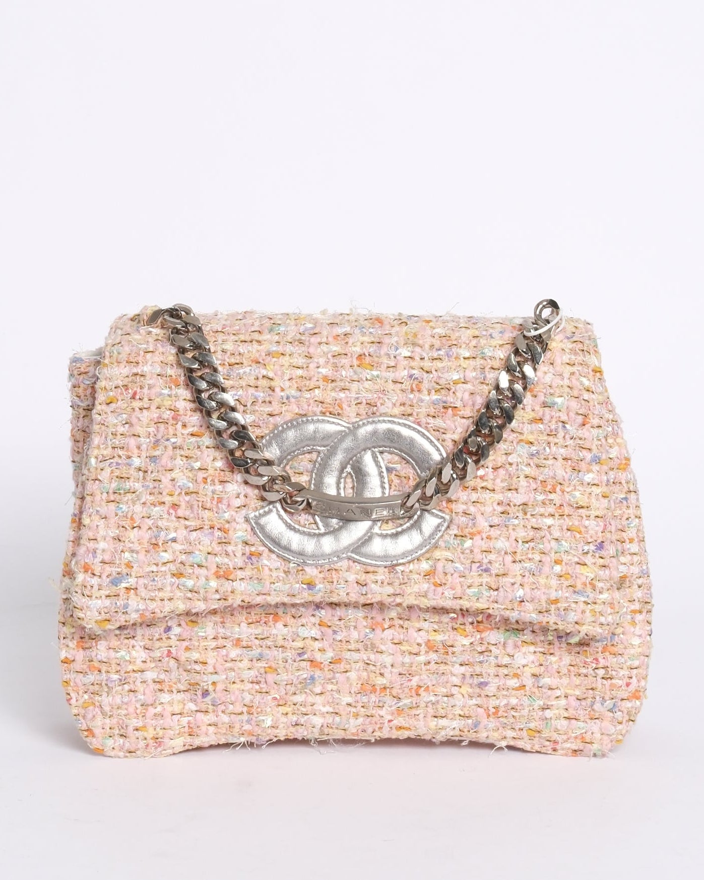 Chanel Pink Confetti Tweed Flap Handbag SHW