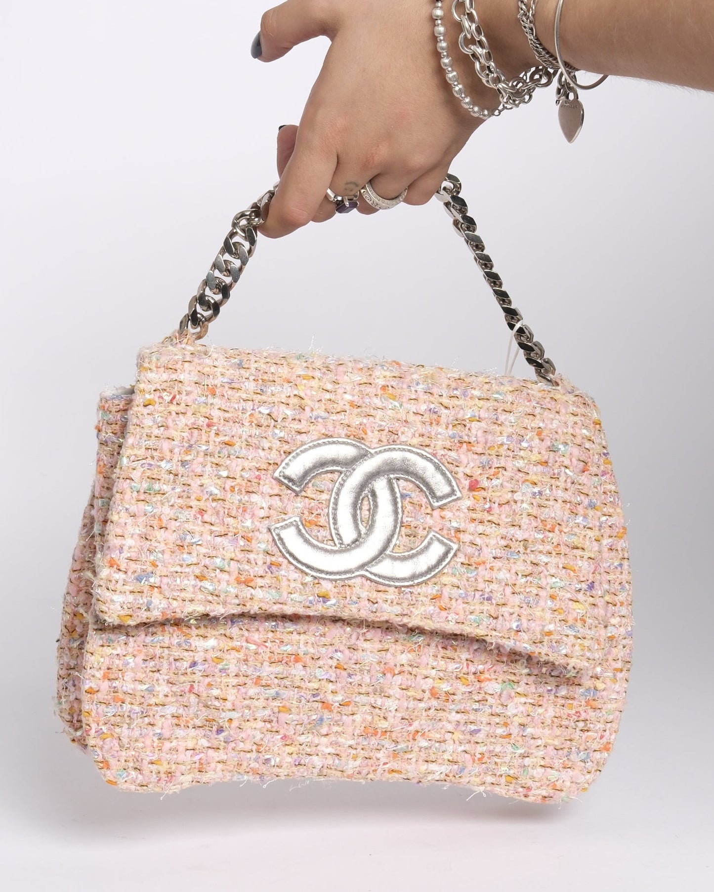 Chanel Pink Confetti Tweed Flap Handbag SHW
