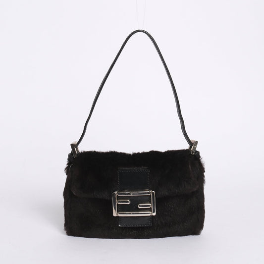 Fendi Black Rabbit Fur & Leather Baguette Shoulder Bag SHW