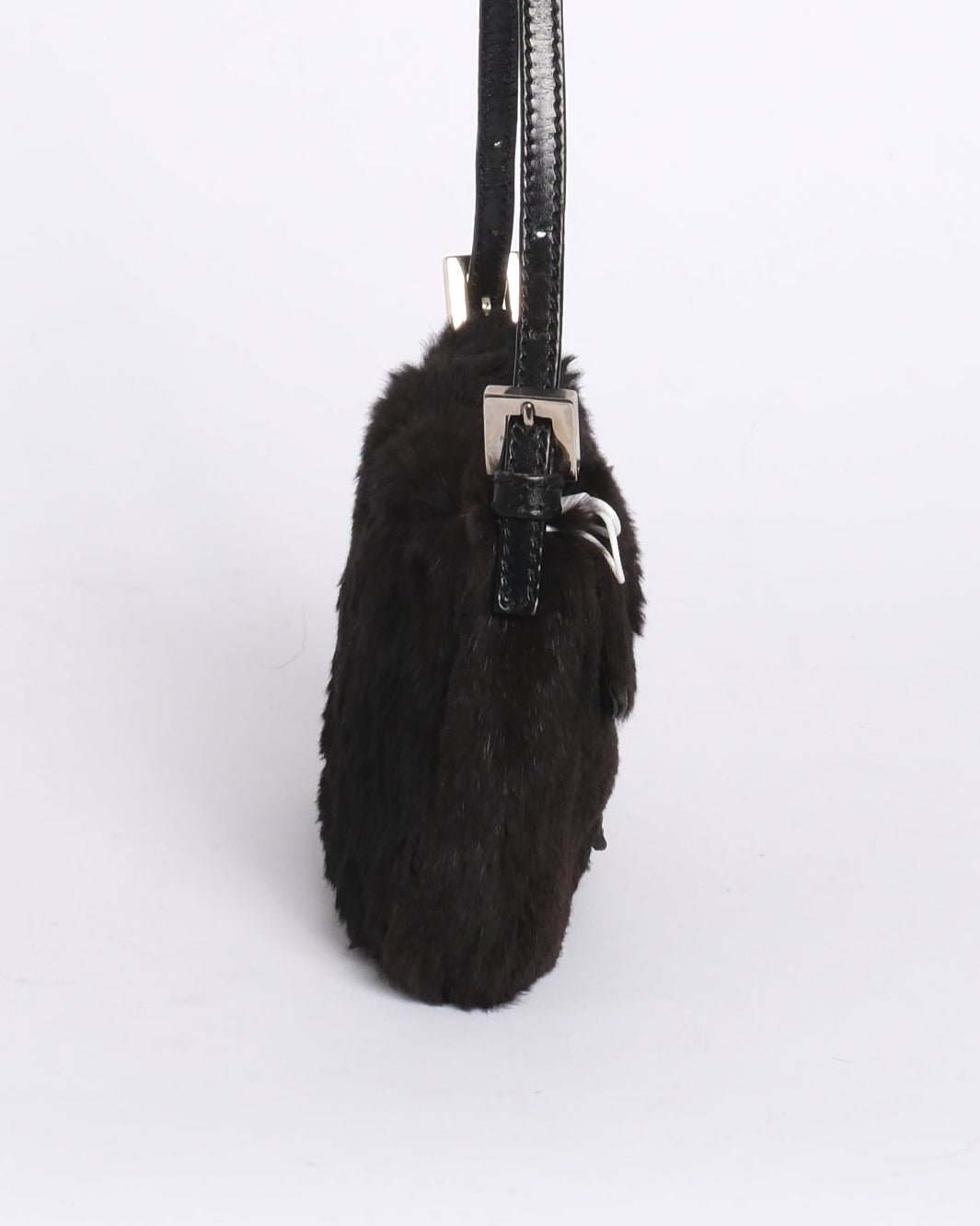 Fendi Black Rabbit Fur & Leather Baguette Shoulder Bag SHW