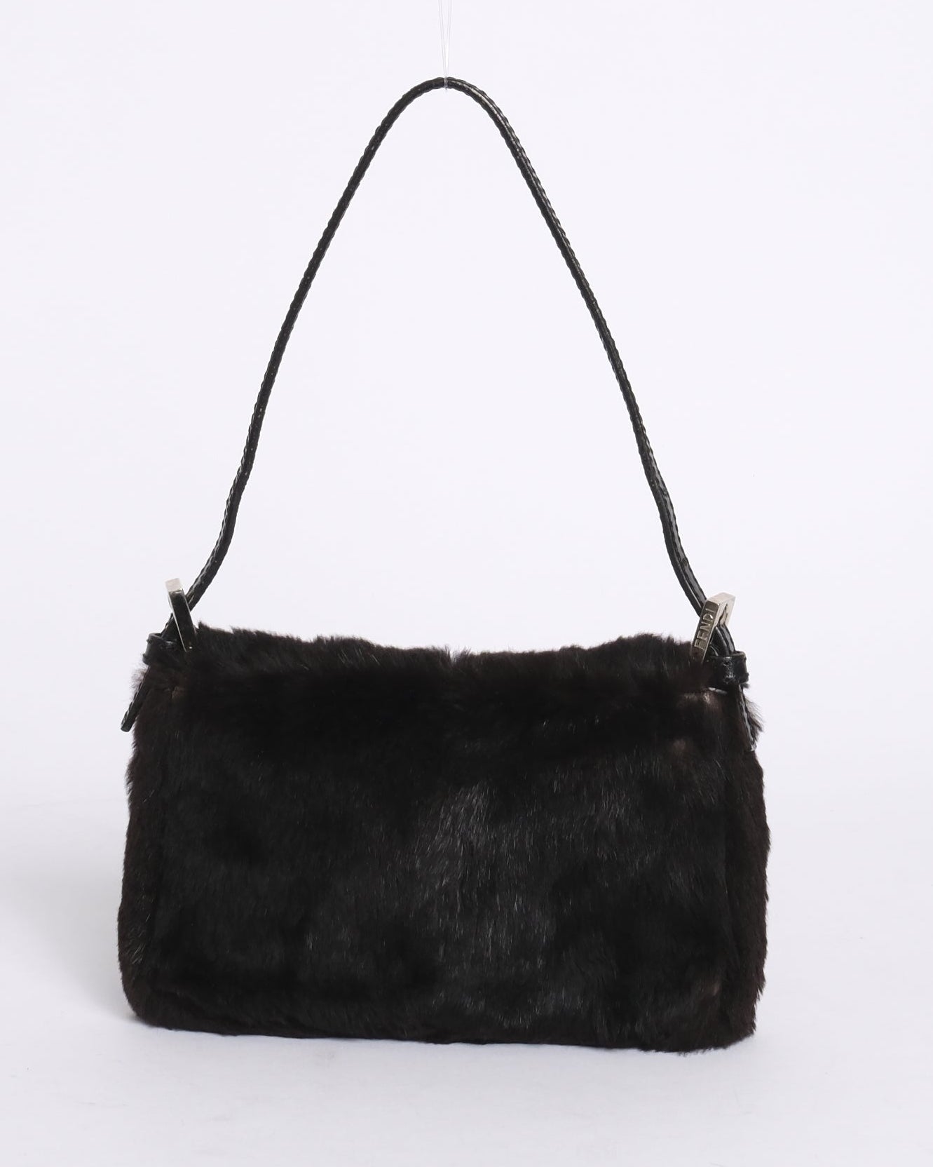 Fendi Black Rabbit Fur & Leather Baguette Shoulder Bag SHW