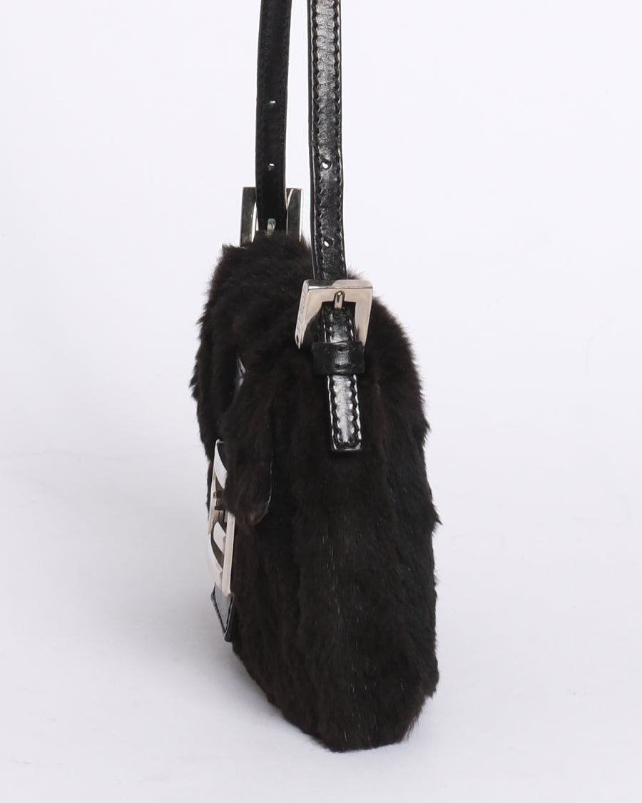 Fendi Black Rabbit Fur & Leather Baguette Shoulder Bag SHW