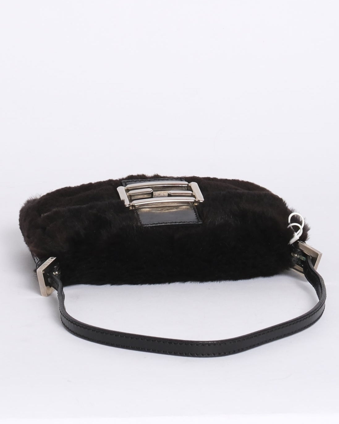 Fendi Black Rabbit Fur & Leather Baguette Shoulder Bag SHW