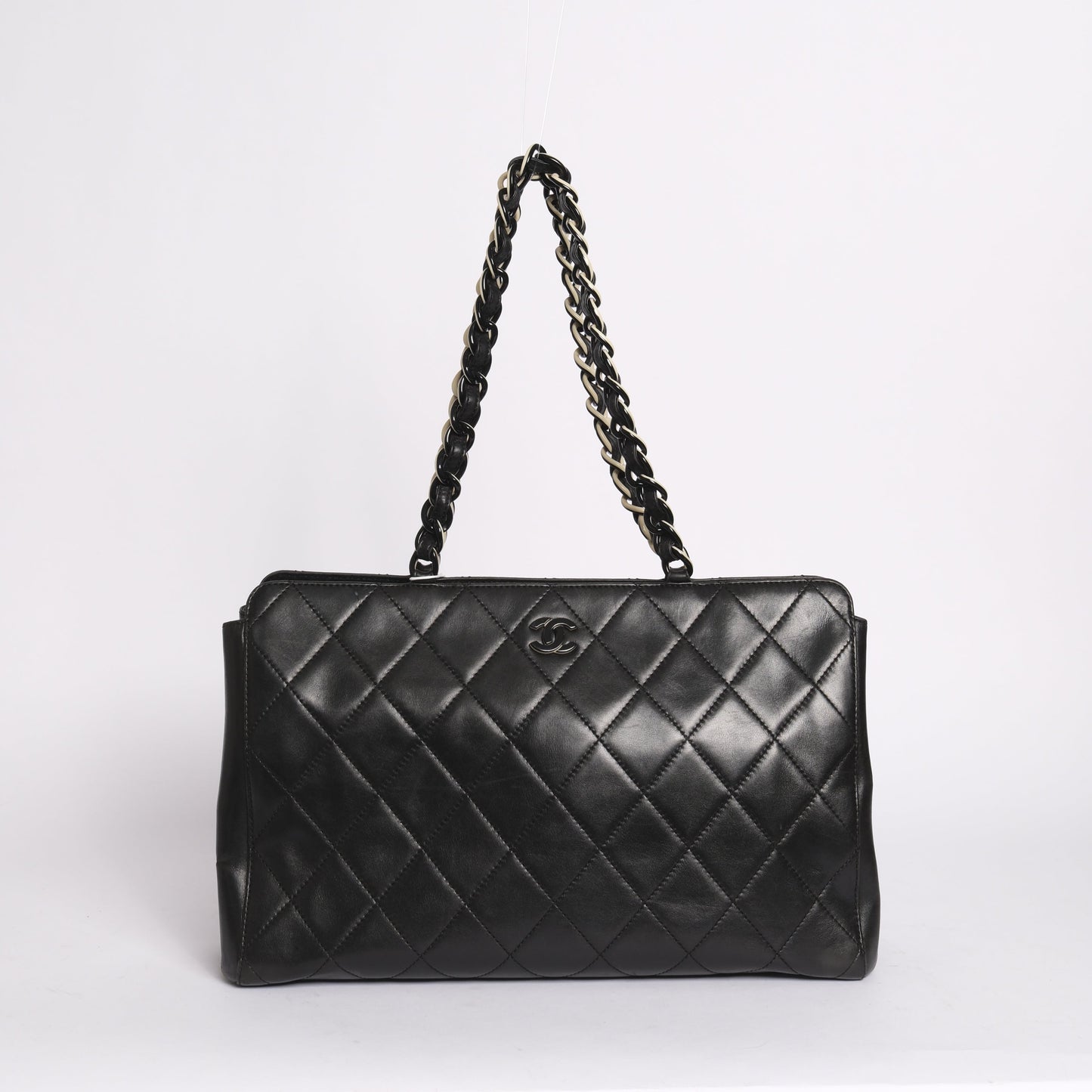 Chanel 2000 Black Lambskin Leather Quilted Matelasse Chain Shoulder Tote