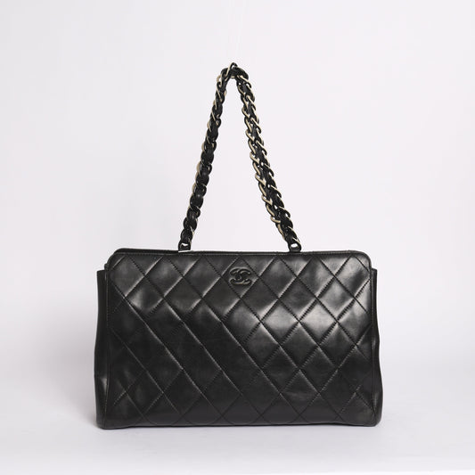 Chanel 2000 Black Lambskin Leather Quilted Matelasse Chain Shoulder Tote