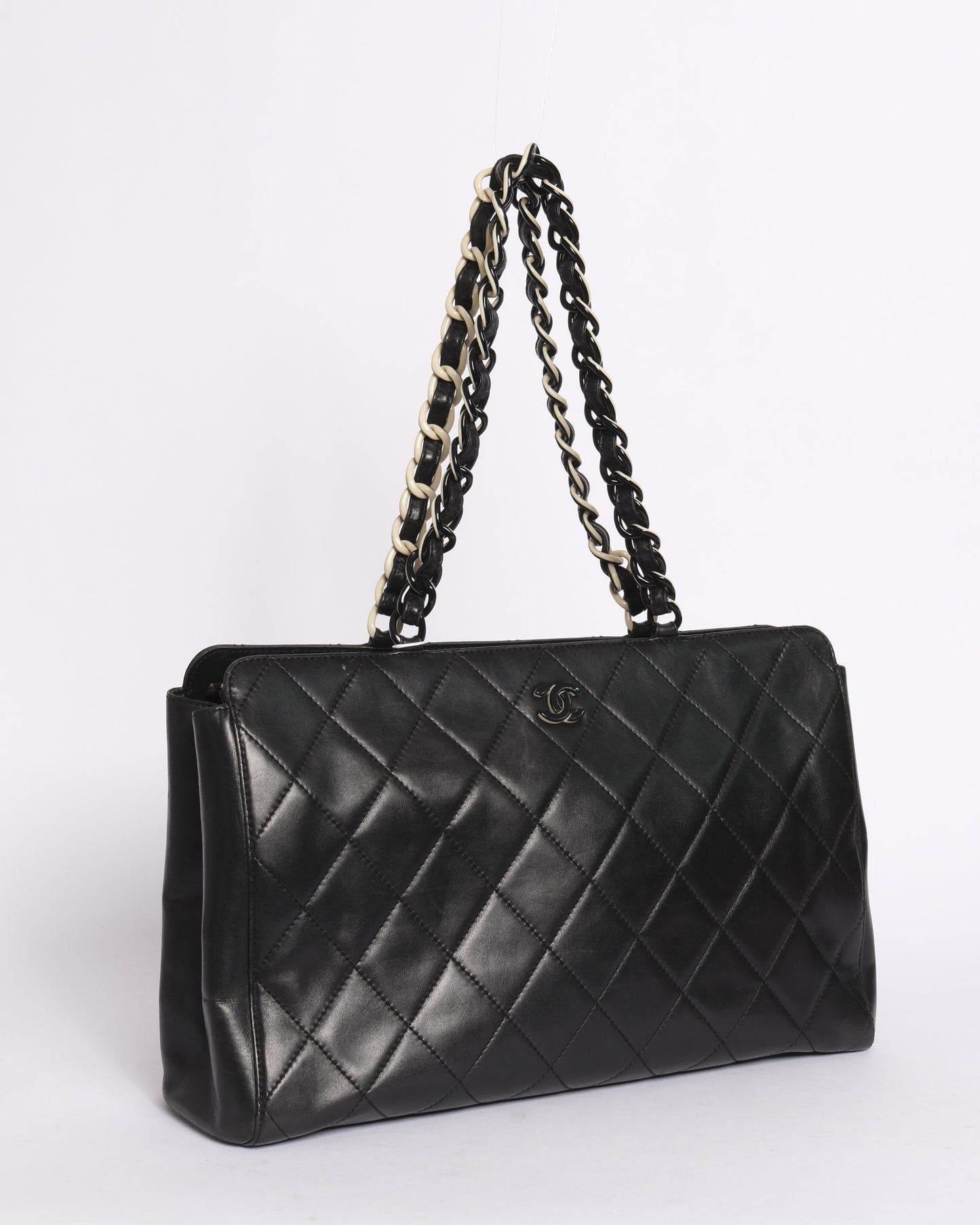 Chanel 2000 Black Lambskin Leather Quilted Matelasse Chain Shoulder Tote