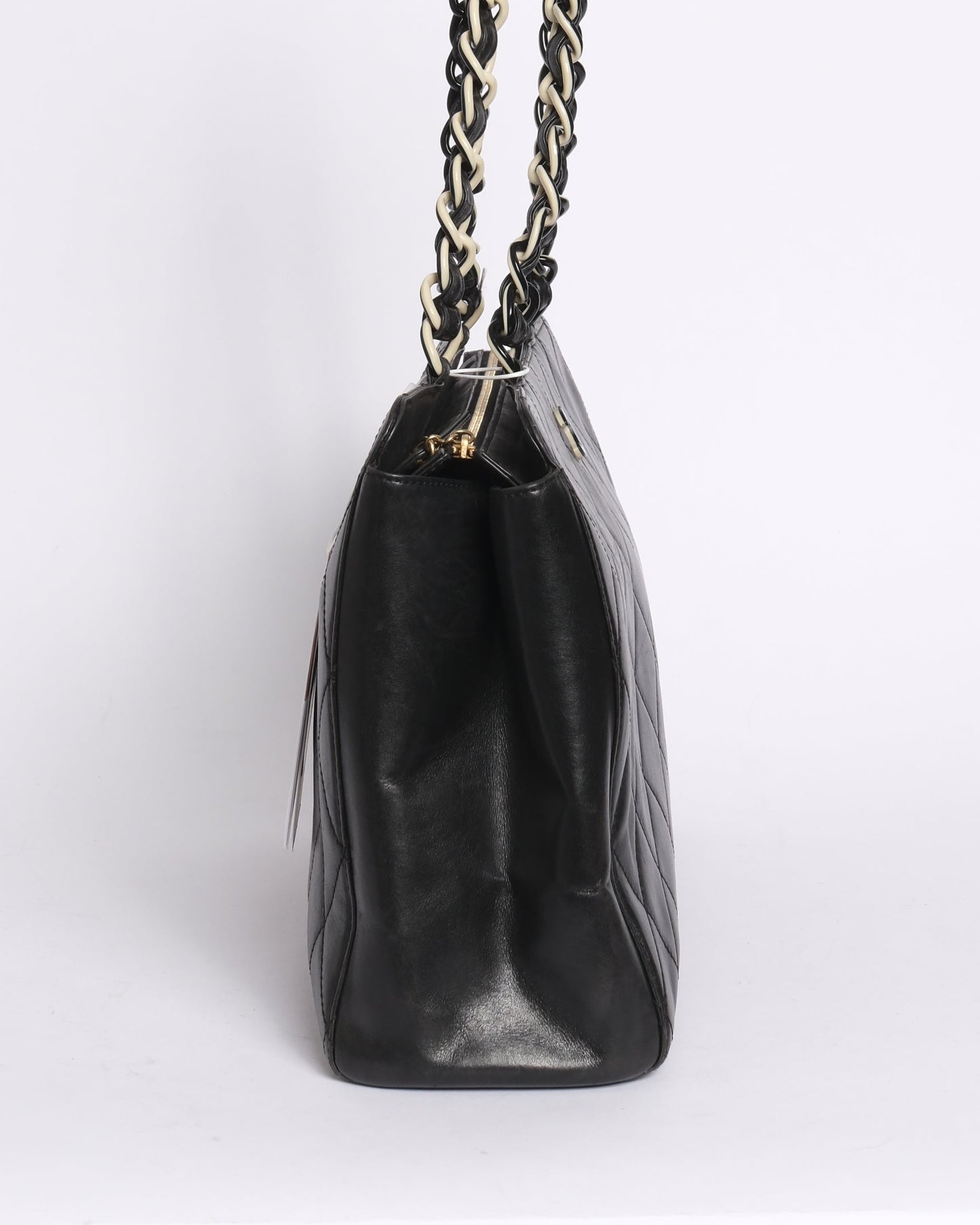 Chanel 2000 Black Lambskin Leather Quilted Matelasse Chain Shoulder Tote