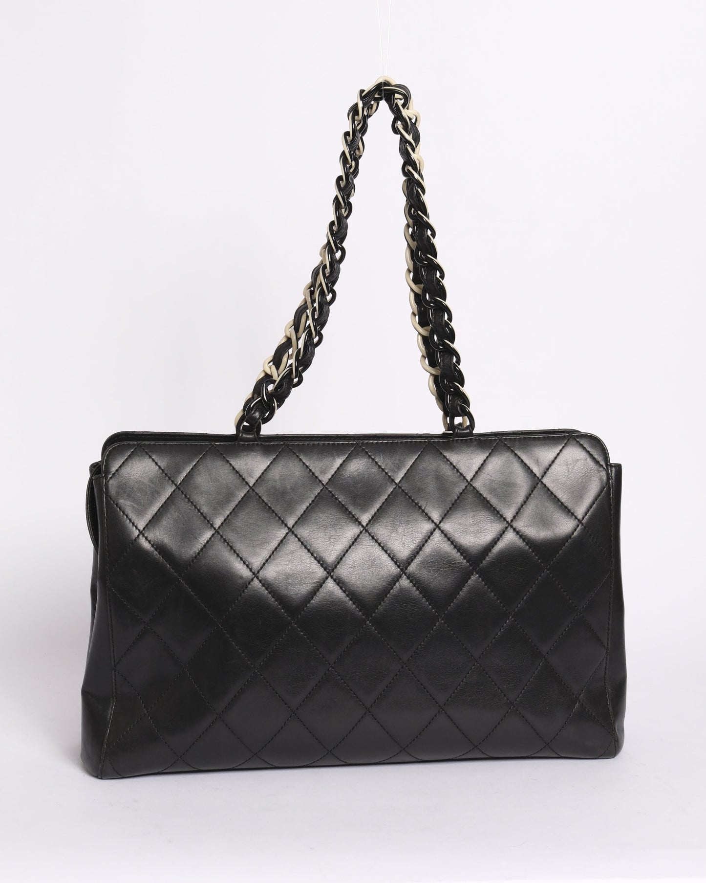 Chanel 2000 Black Lambskin Leather Quilted Matelasse Chain Shoulder Tote