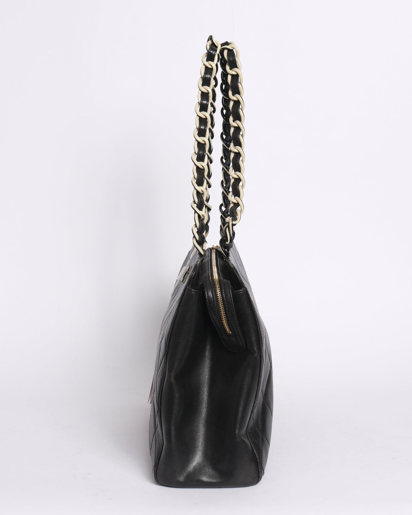 Chanel 2000 Black Lambskin Leather Quilted Matelasse Chain Shoulder Tote