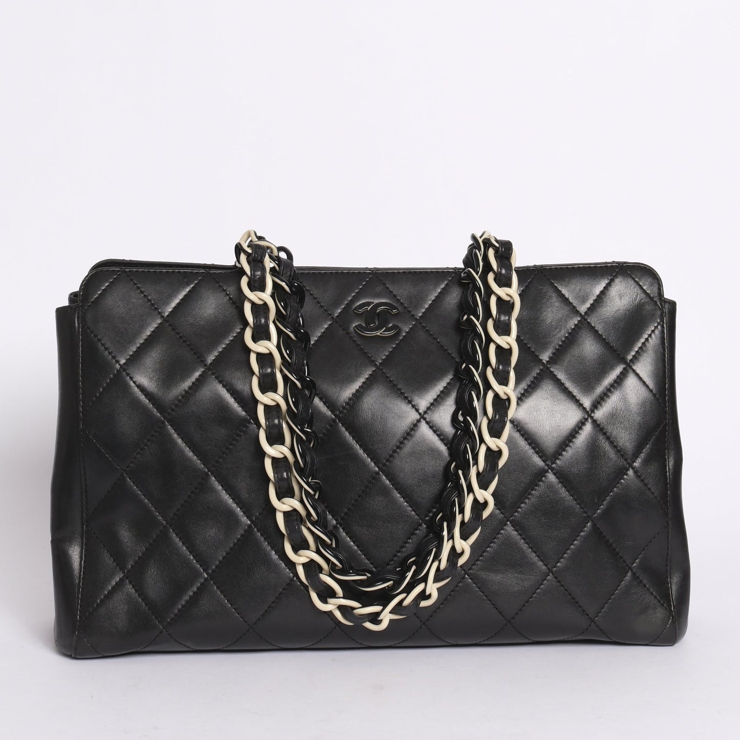Chanel 2000 Black Lambskin Leather Quilted Matelasse Chain Shoulder Tote