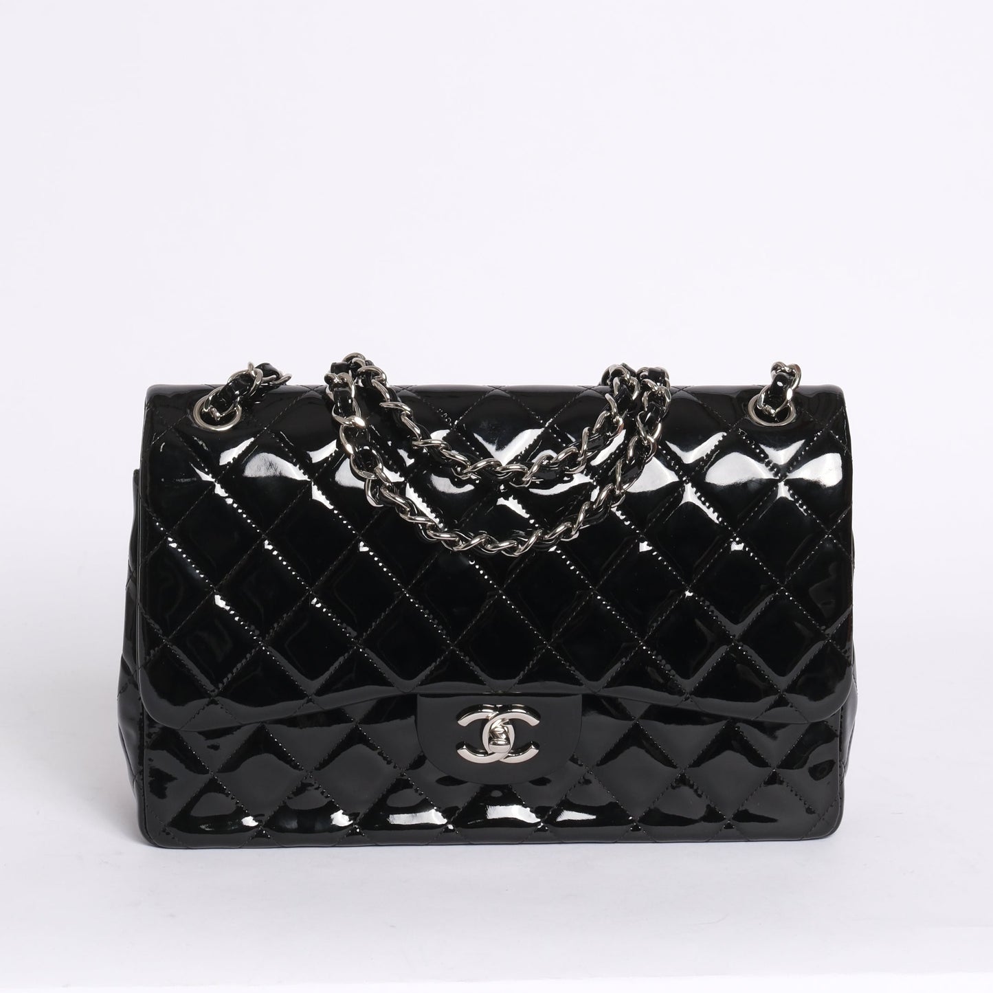 Chanel Black Patent Leather Quilted Double Flap SHW