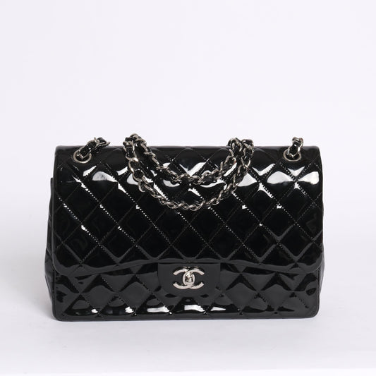 Chanel Black Patent Leather Quilted Double Flap SHW