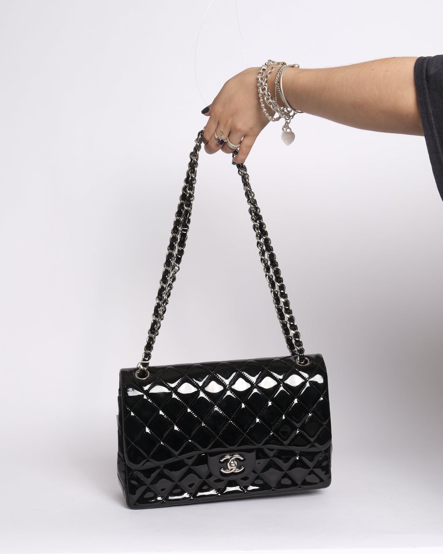 Chanel Black Patent Leather Quilted Double Flap SHW