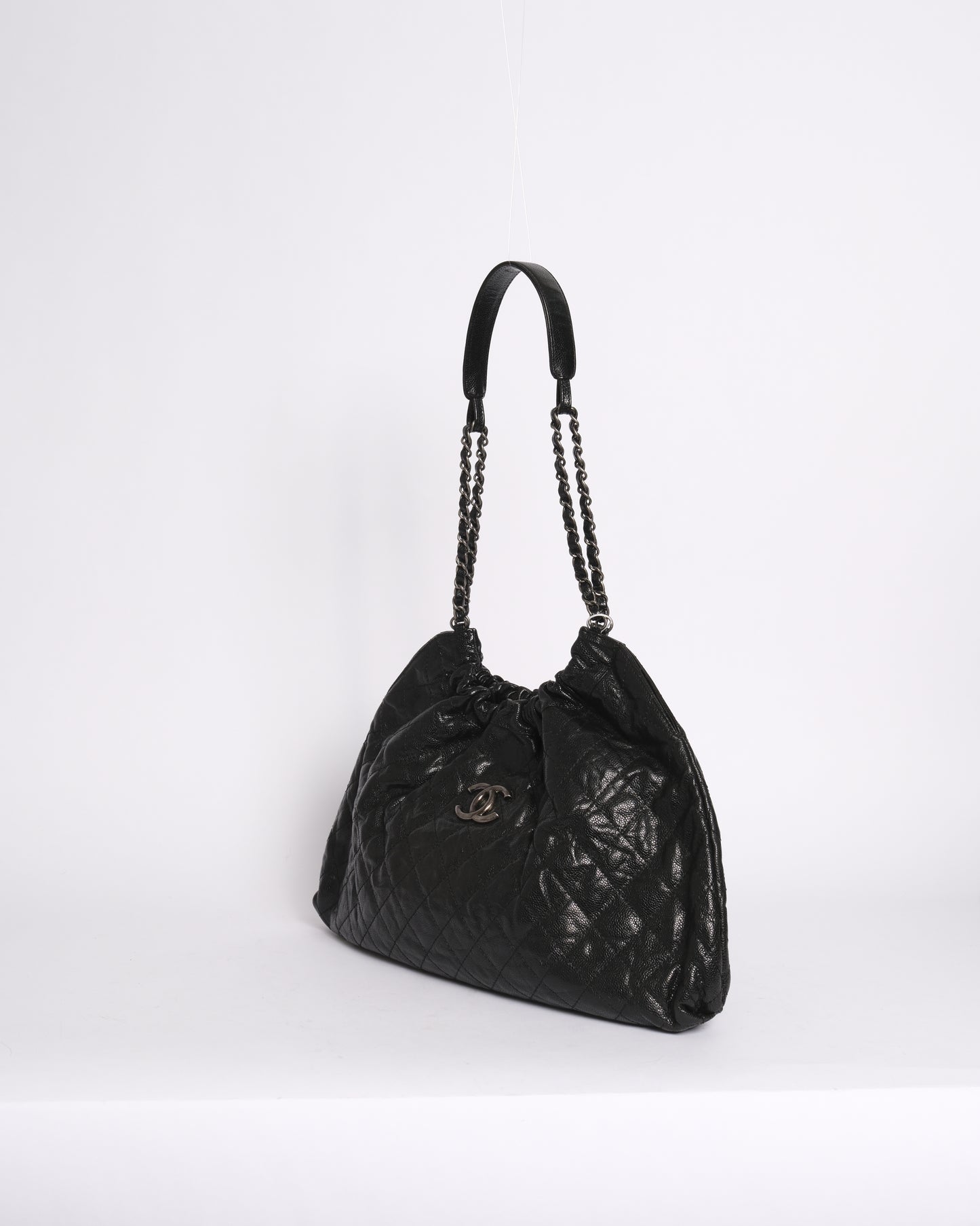 Chanel Black Caviar Leather Quilted Elastic CC Hobo Bag SHW