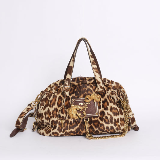 Prada Brown Pony Hair Cheetah Printed Cavaillino Bauletto Bag GHW
