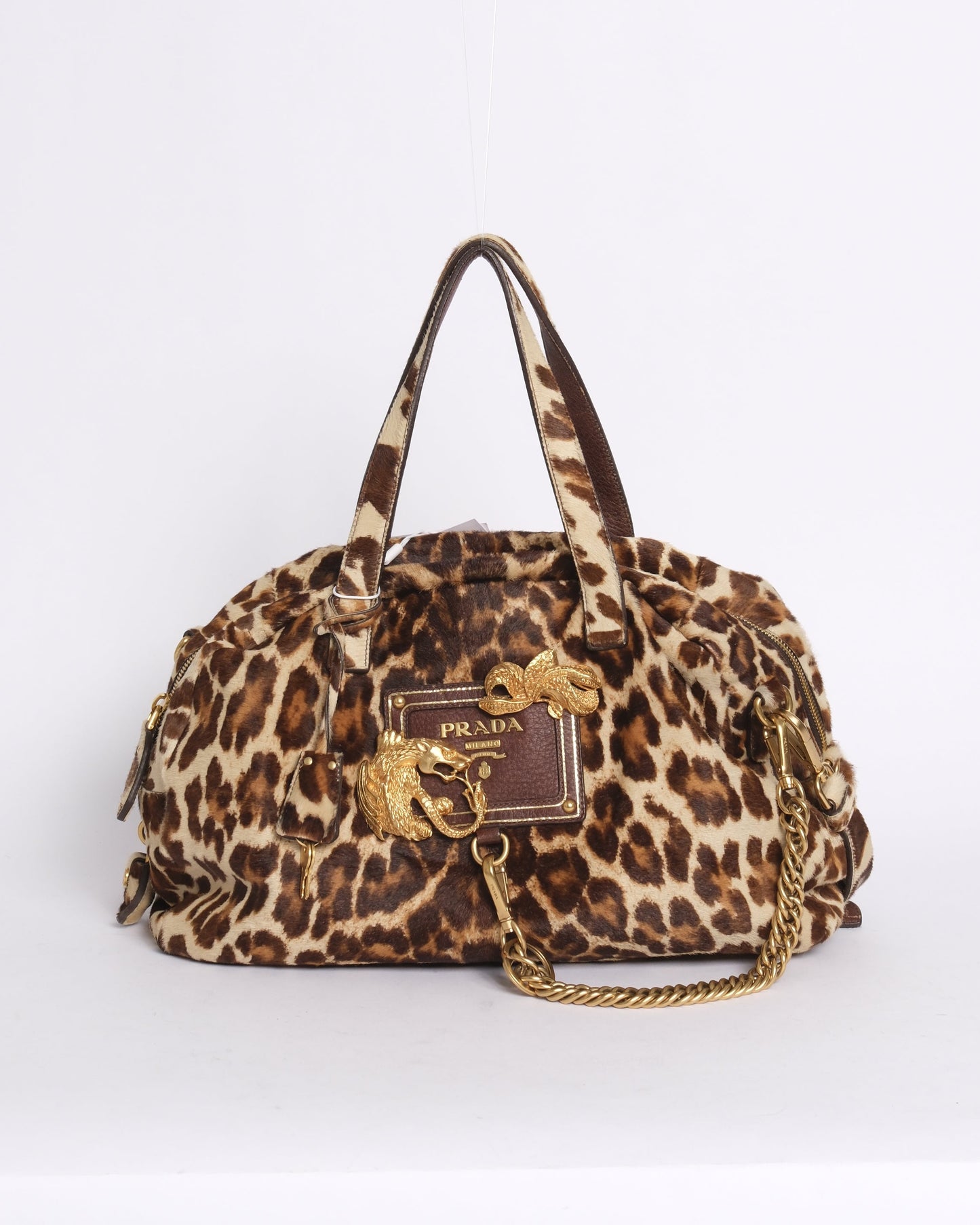 Prada Brown Pony Hair Cheetah Printed Cavaillino Bauletto Bag GHW