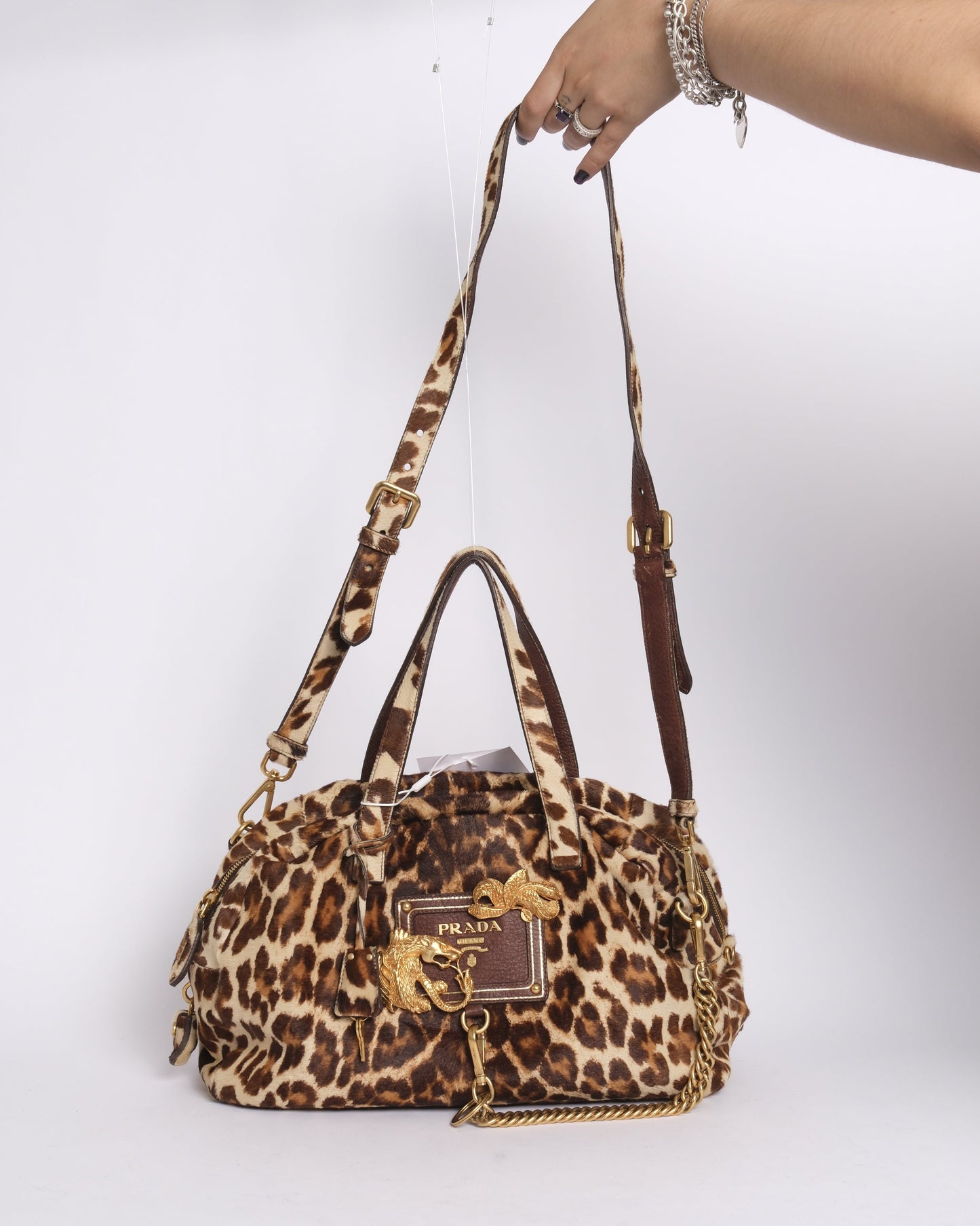 Prada Brown Pony Hair Cheetah Printed Cavaillino Bauletto Bag GHW