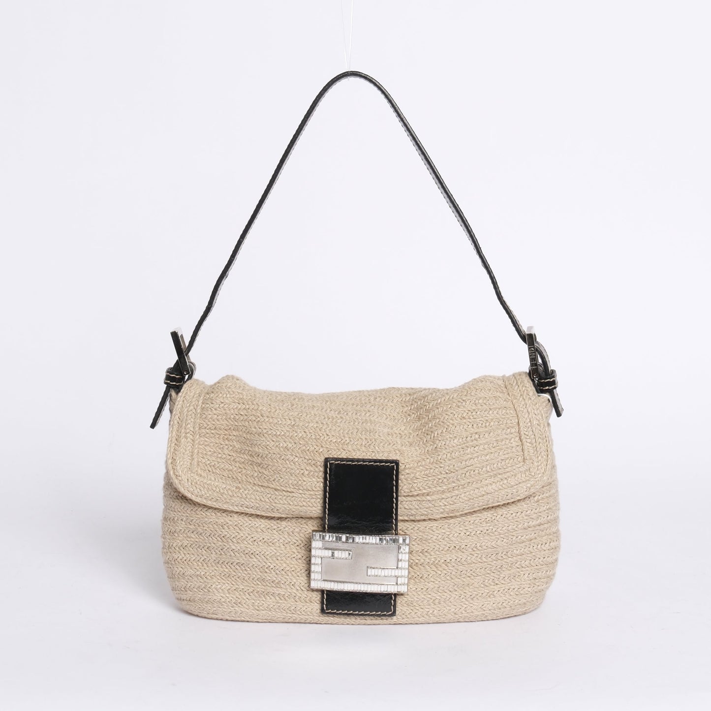 Fendi Beige Canvas Baguette Shoulder Bag w/ Rhinestones