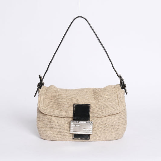 Fendi Beige Canvas Baguette Shoulder Bag w/ Rhinestones