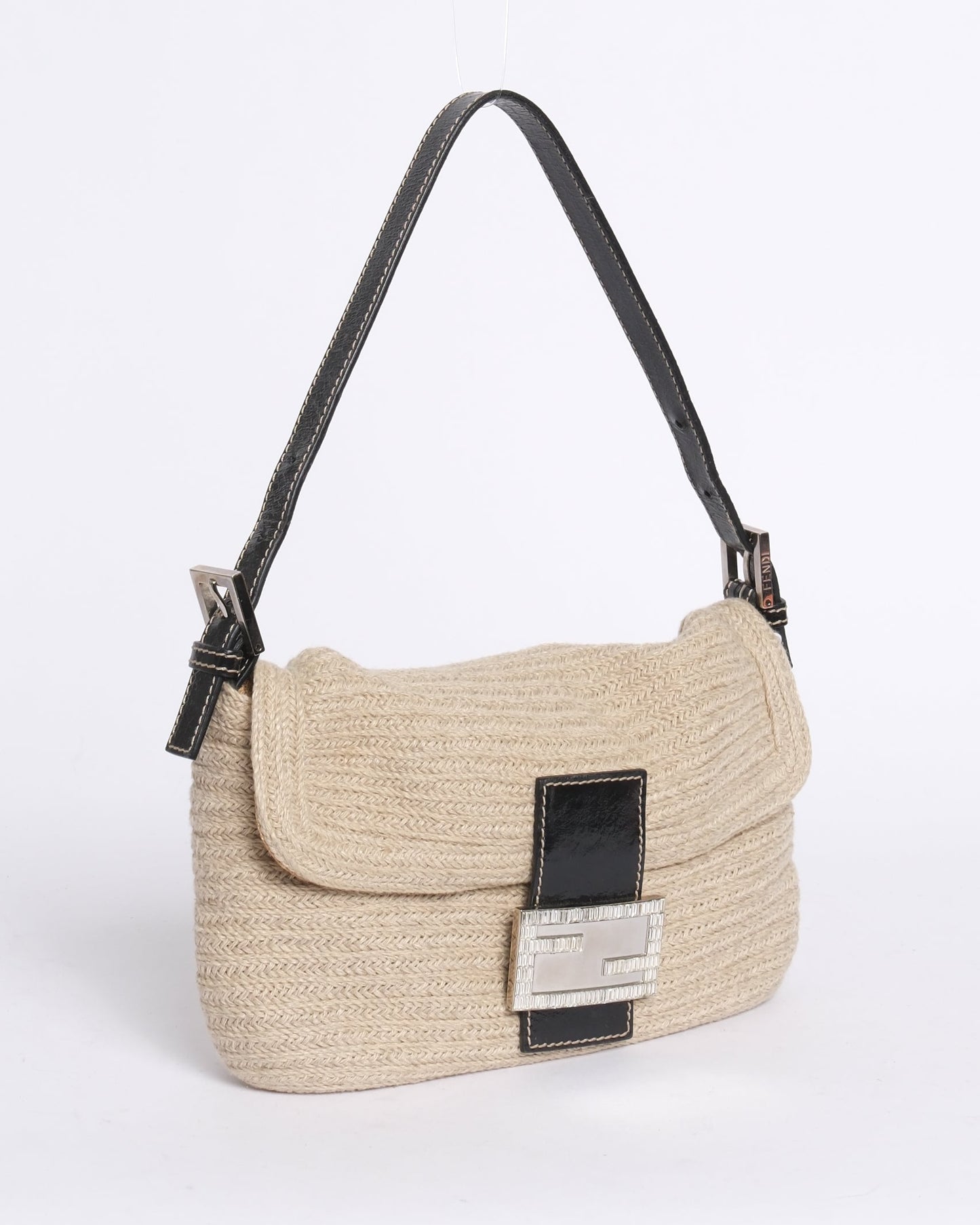 Fendi Beige Canvas Baguette Shoulder Bag w/ Rhinestones