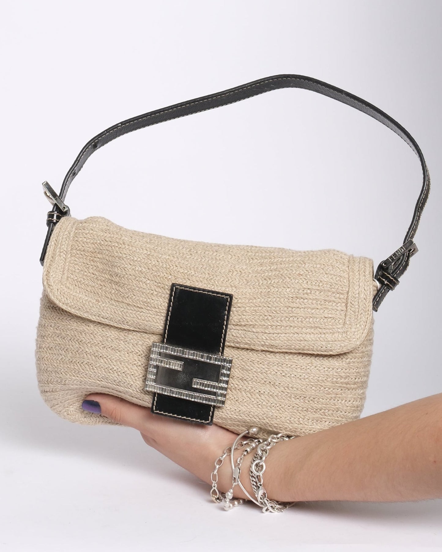 Fendi Beige Canvas Baguette Shoulder Bag w/ Rhinestones