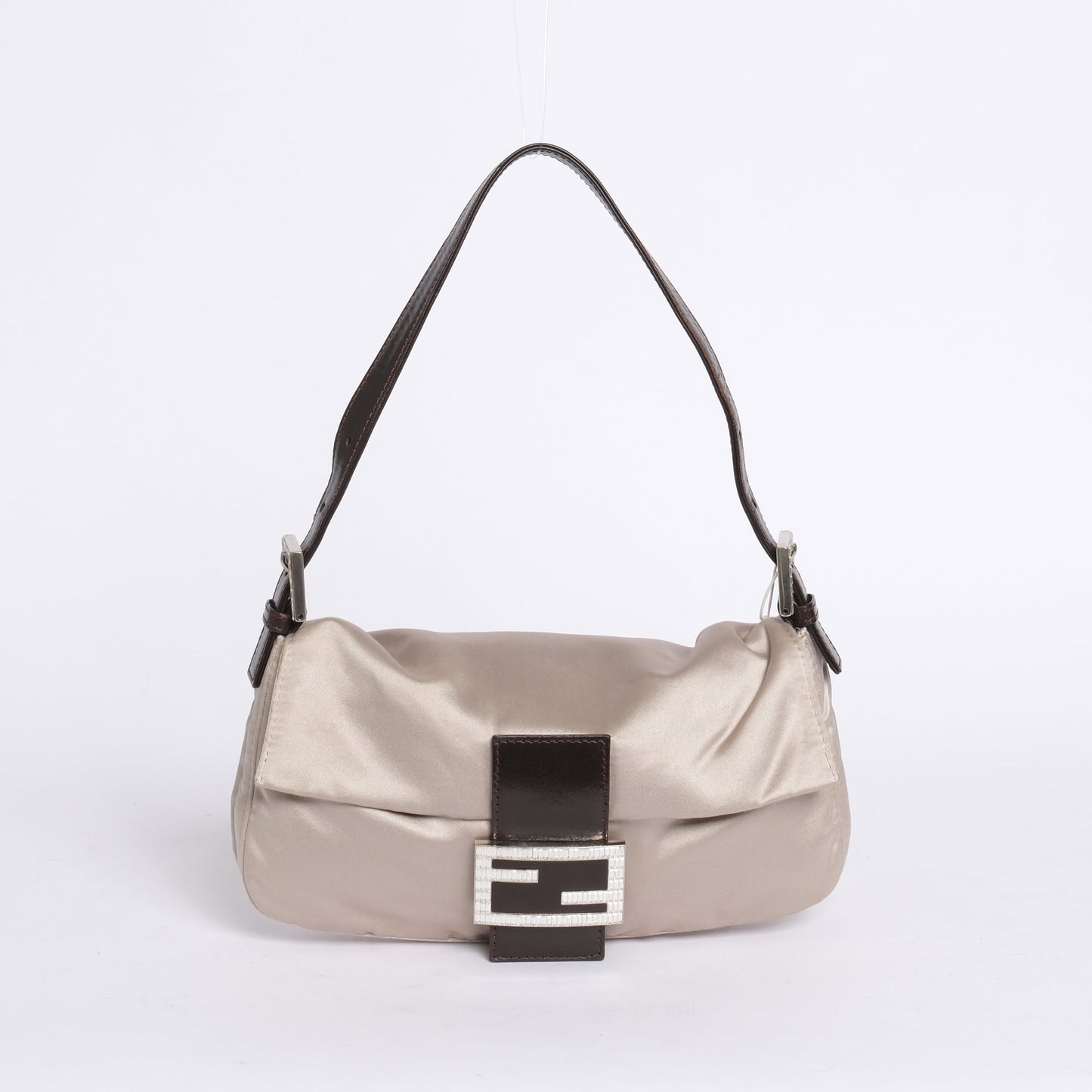 Fendi Champagne Satin & Leather Rhinestone Baguette Shoulder Bag
