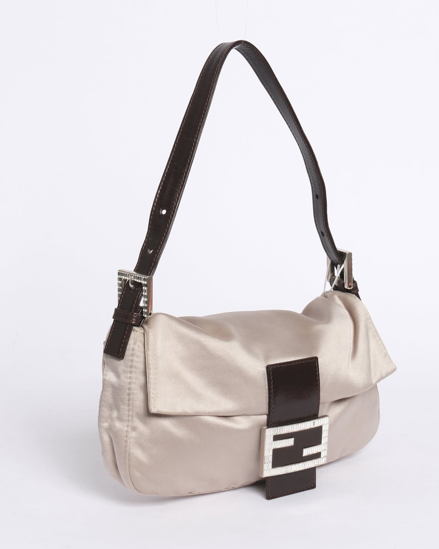 Fendi Champagne Satin & Leather Rhinestone Baguette Shoulder Bag